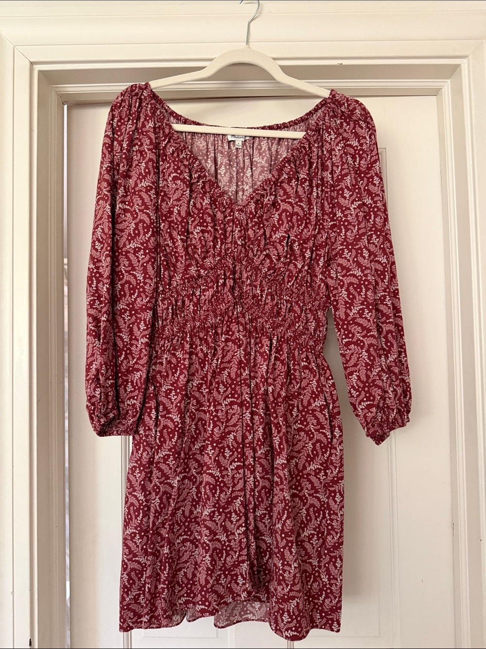 Madewell Red Paisley Long-Sleeve Smocked Waist Dress